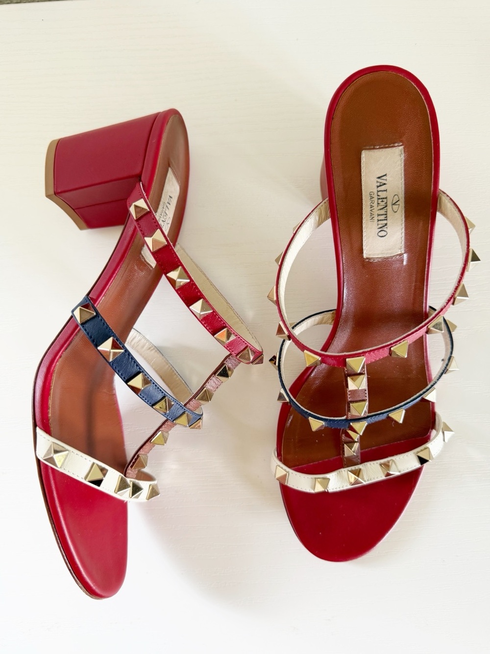 Valentino Garavani Rockstud Red White Blue Leather Sandals Block Heels EU 39
